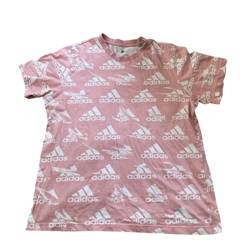 Adidas Mens Pink All‎ Over Logo Print Short Sleeve T-Shirt Size Large L Graphic